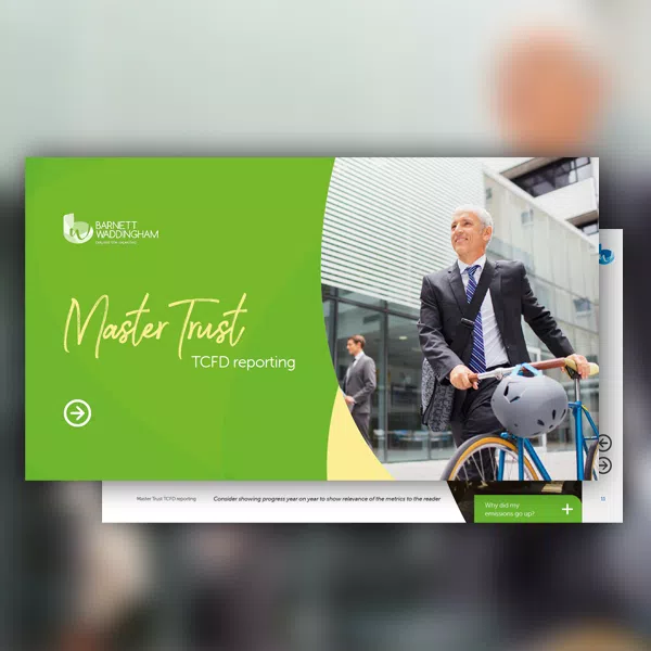 A professional man, dressed in a suit, rides a bicycle while smiling. He is in an urban environment with modern buildings in the background. The focus is on "Master Trust TCFD reporting" text.