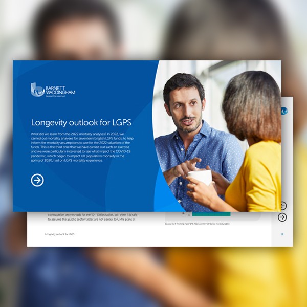 A man and a woman engage in discussion, holding a document. The background features a professional presentation detailing longevity analysis for a pension scheme, suggesting a corporate setting.