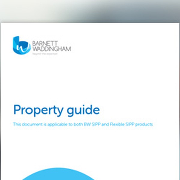A property guide document features a clean design with the logo of Barnett Waddingham. The title "Property guide" is prominently displayed at the top, indicating its purpose. Text below states its applicability to BW SIPP and Flexible SIPP products.