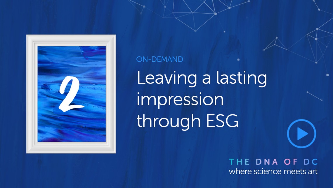 A white-framed artwork displays abstract blue waves with the number "2" prominently featured. Text reads, "Leaving a lasting impression through ESG," set against a darker blue background with geometric patterns.