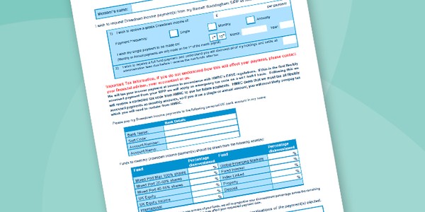 A form titled "Drawdown Application For NFU Mutual" is filled with sections for personal details, bank information, and investment preferences. It provides instructions regarding financial information and consequences of choices.