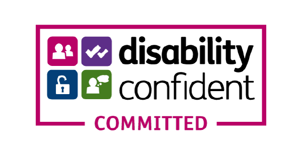 A logo features a central text reading "disability confident" with the word "COMMITTED" beneath it. Surrounding icons indicate aspects of inclusivity and support, emphasizing a commitment to disability awareness.