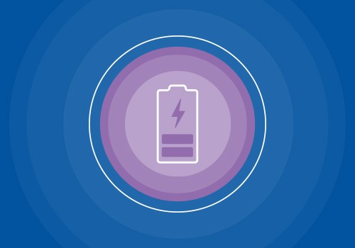 A battery icon, outlined in white with a lightning bolt, is centered within concentric circles of purple and blue, symbolizing energy or charging in a digital context.