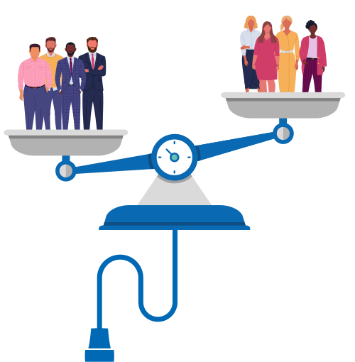 Two groups of stylized people stand on opposite sides of a balanced scale. One side has three men in suits and two women; the other, four women and one man. The scale is level.