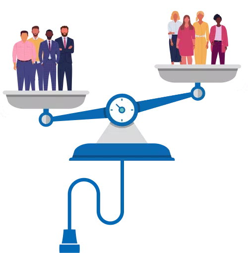 Two groups of stylized people stand on opposite sides of a balanced scale. One side has three men in suits and two women; the other, four women and one man. The scale is level.