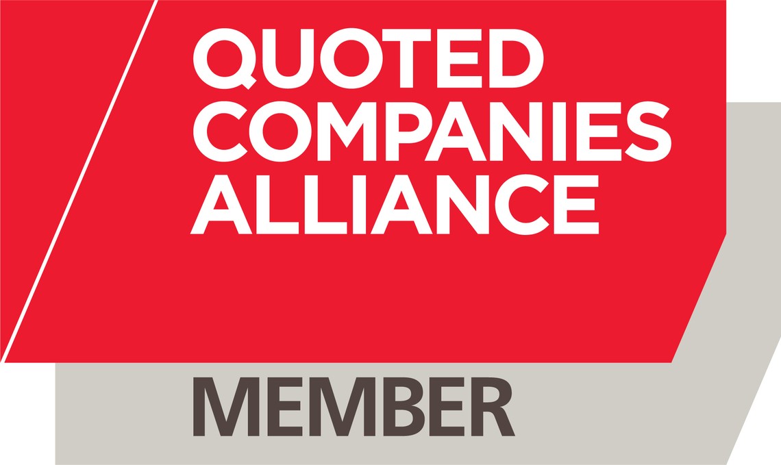 A logo features a red hexagonal design with the text "QUOTED COMPANIES ALLIANCE" in bold white letters above the word "MEMBER" in brown, set against a light gray background.