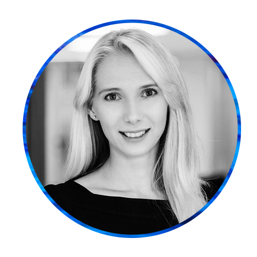 A woman with long, straight hair smiles directly at the viewer. She is framed by a circular border against a blue, abstract background, creating a striking visual contrast.