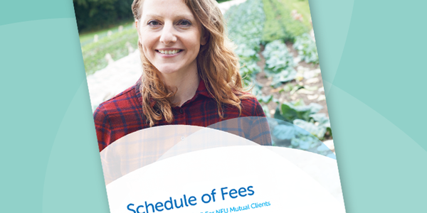 A person with long brown hair smiles while holding a document titled "Schedule of Fees" in a green outdoor setting with plants and crops in the background. Text includes "Barnett Waddingham SIPP for NFU Mutual Clients."