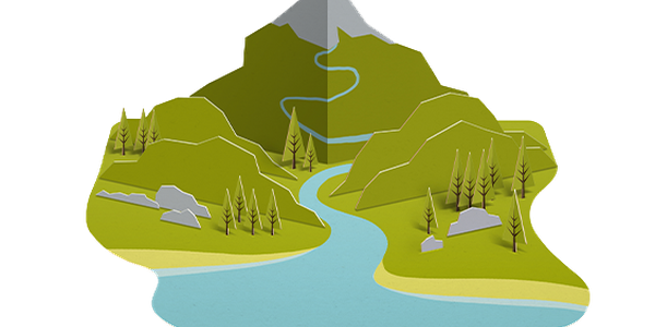A stylized paper landscape features green hills, a winding river, and scattered rocks. Small pine trees are placed throughout, with a central mountain rising in the background against a plain white backdrop.