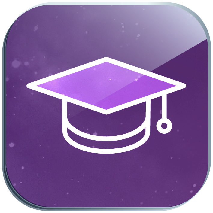 A purple graduation cap icon sits centered on a textured purple background, symbolizing education and achievement in a likely digital or app context.