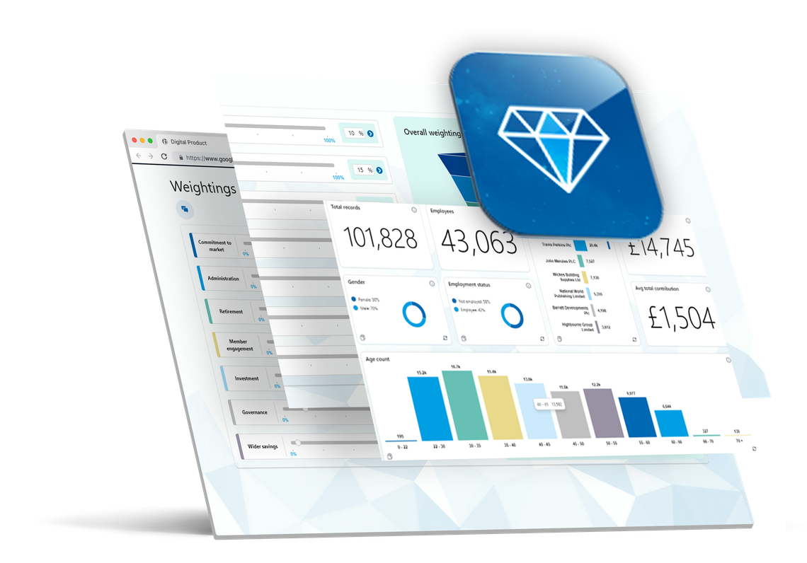 A digital dashboard displays various metrics, such as total records and employee counts, alongside graphical elements like bars and pie charts, set against a light background with a diamond icon.