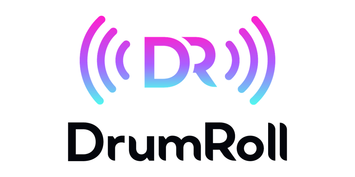 A circular logo displays "DR" in a gradient of pink to blue, emitting soundwave-like lines. Below, the bold text "DrumRoll" is prominently featured in black, suggesting a dynamic audio-related theme.