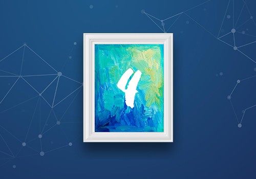 A framed painting features a large, stylized white number "4" against a vibrant abstract background of blue and green hues, set against a darker blue, geometric-patterned backdrop.