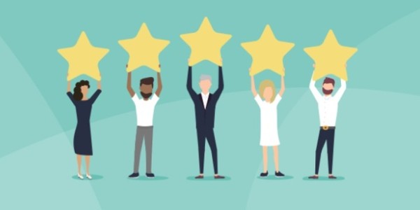 Five diverse cartoon characters hold up large yellow stars, celebrating or praising. They stand in a row against a light turquoise background, suggesting a positive, award-giving context.