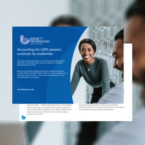 A smiling woman in a professional setting is reading and discussing a document with a male colleague. The background shows soft focus, highlighting their interaction amid an office environment. 

Text on the document: "BARNETT WADDINGHAM Accounting for LG