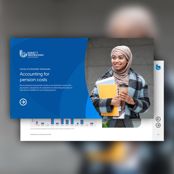 A woman in a striped coat holds a coffee cup and folders while standing next to a presentation slide titled "Accounting for pension costs," which features graphs and text in blue and white.