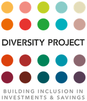 A grid of colored circles features labels. The text "DIVERSITY PROJECT" is prominently displayed, followed by "BUILDING INCLUSION IN INVESTMENTS & SAVINGS," indicating a focus on promoting diversity in finance.