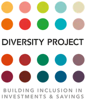 A grid of colored circles features labels. The text "DIVERSITY PROJECT" is prominently displayed, followed by "BUILDING INCLUSION IN INVESTMENTS & SAVINGS," indicating a focus on promoting diversity in finance.