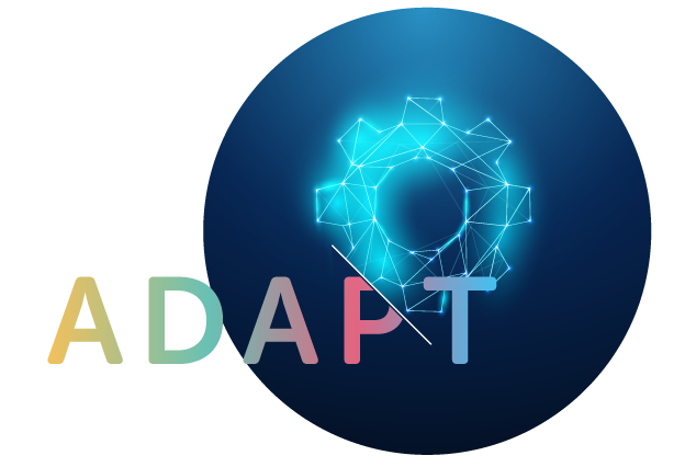 A circular, dark blue logo features a stylized gear with a geometric design in the center. The word "ADAPT" is displayed in colorful, modern typography alongside the gear.