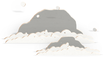 Two gray, abstract rocky shapes sit above layers of white and light gray clouds. The background is a simple, muted color, creating a serene atmosphere.