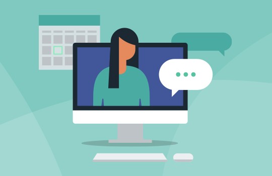 A computer monitor displays a person speaking during a video call, with a speech bubble containing ellipses. A calendar is visible in the background, suggesting a scheduled interaction.