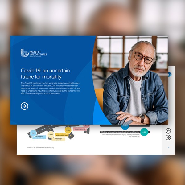 A senior man with glasses sits calmly, looking at the camera. A blue presentation slide discusses the impact of Covid-19 on mortality rates, with colorful charts below.