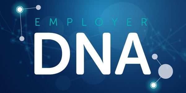 Large white text spells "EMPLOYER DNA" against a dark blue background, surrounded by abstract, glowing molecular structures. The context suggests a theme of data or analytics in a corporate setting.