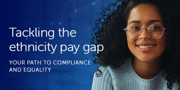 A young woman with curly hair and glasses smiles confidently. Text on the left states: "Tackling the ethnicity pay gap. YOUR PATH TO COMPLIANCE AND EQUALITY." The background is a gradient of blue with abstract lines.