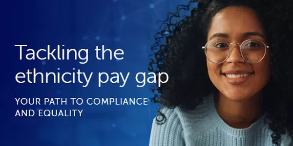 A young woman with curly hair and glasses smiles confidently. Text on the left states: "Tackling the ethnicity pay gap. YOUR PATH TO COMPLIANCE AND EQUALITY." The background is a gradient of blue with abstract lines.