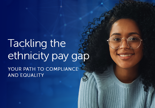 A young woman with curly hair and glasses smiles confidently. Text on the left states: "Tackling the ethnicity pay gap. YOUR PATH TO COMPLIANCE AND EQUALITY." The background is a gradient of blue with abstract lines.