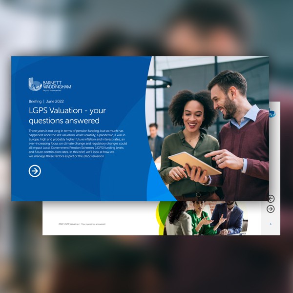 A presentation slide displays two individuals discussing topics related to pension funding, with a blue header titled "LGPS Valuation - your questions answered" against a modern office background.