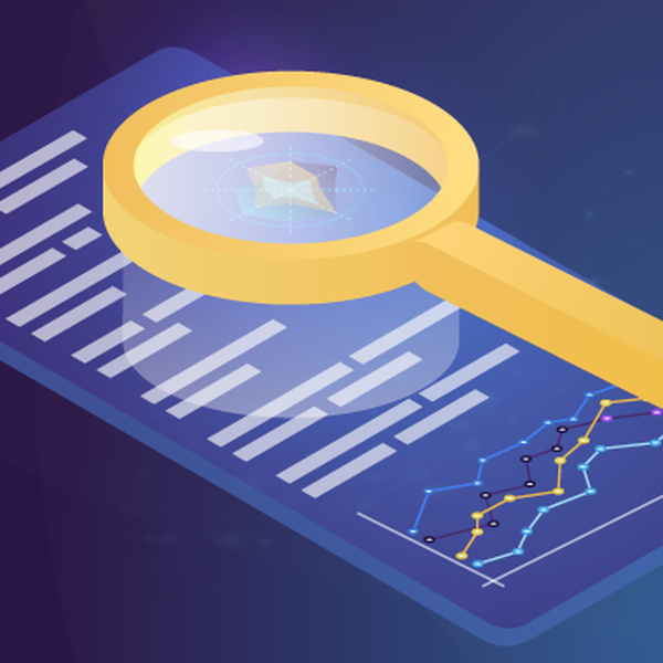 A magnifying glass hovers over a data sheet featuring graphs and charts, emphasizing analytical results within a technology-themed background, suggesting a focus on data analysis and insights.