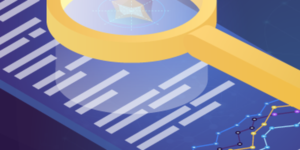A magnifying glass hovers over a data sheet featuring graphs and charts, emphasizing analytical results within a technology-themed background, suggesting a focus on data analysis and insights.