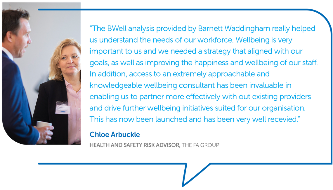 A man and a woman engage in conversation, likely at a professional event. The background features blue and white elements with text detailing a wellbeing analysis and its impact. 

Text:
“The BWell analysis provided by Barnett Waddingham really helped us 