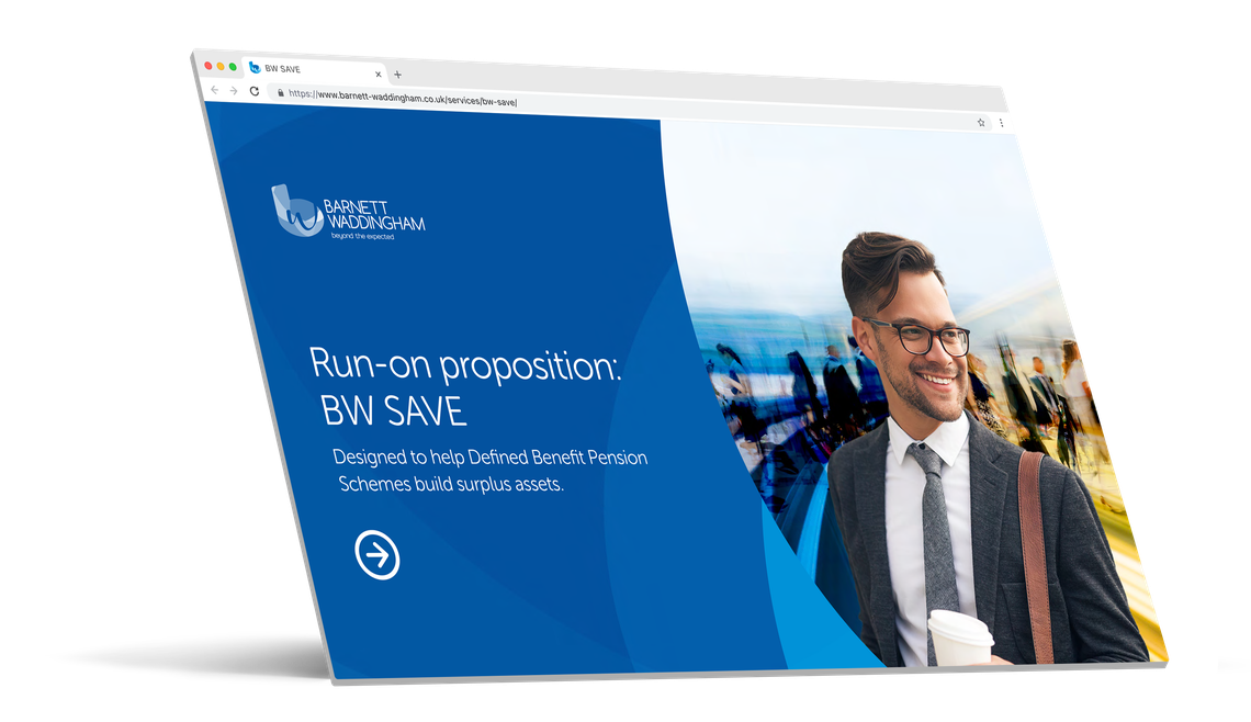 A digitally designed webpage displays a professional man smiling, holding a coffee cup. The background features a blurred crowd, with text highlighting a pension scheme service, "Run-on proposition: BW SAVE."