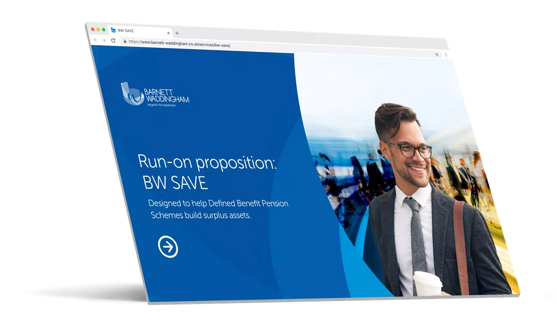 A digitally designed webpage displays a professional man smiling, holding a coffee cup. The background features a blurred crowd, with text highlighting a pension scheme service, "Run-on proposition: BW SAVE."