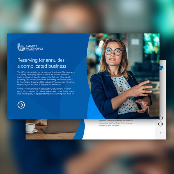 A woman with glasses gestures while discussing annuities in a professional setting. The background features blurred furniture. The text discusses complexities in reserving for annuities and regulatory reforms.