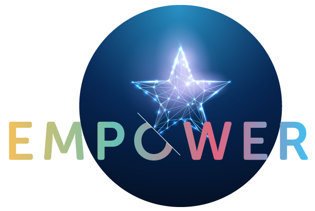 A circular logo features a glowing, geometric star at its center. The word "EMPOWER" is split, with colorful segments against a dark blue background, symbolizing innovation and energy.