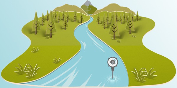 A river flows through a green landscape with scattered trees and hills. A gauge showing "31" measures water conditions, reflecting a serene natural environment with distant mountains.