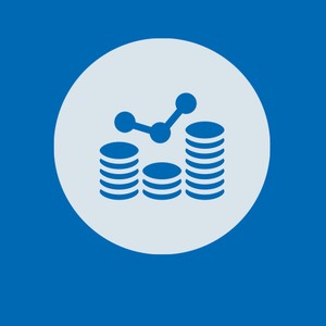 A stack of coins is depicted, with a line graph overlay suggesting growth or analysis. The background is a solid blue, emphasizing the financial theme.