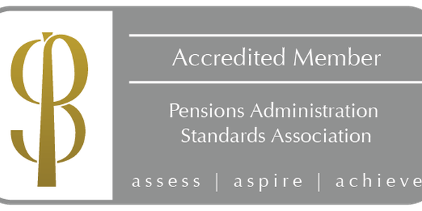 A badge features a stylized letter "P" in gold on a grey background. It indicates "Accredited Member" of the Pensions Administration Standards Association, with the words "assess | aspire | achieve" below.