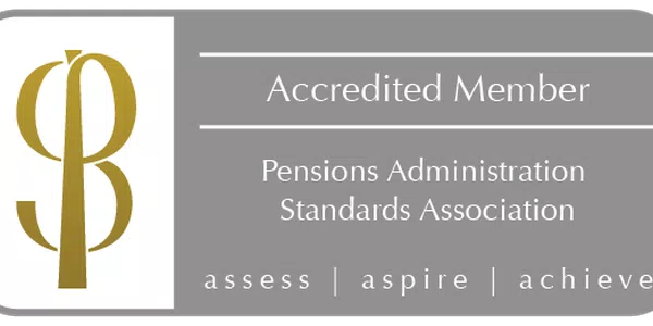 A badge features a stylized letter "P" in gold on a grey background. It indicates "Accredited Member" of the Pensions Administration Standards Association, with the words "assess | aspire | achieve" below.