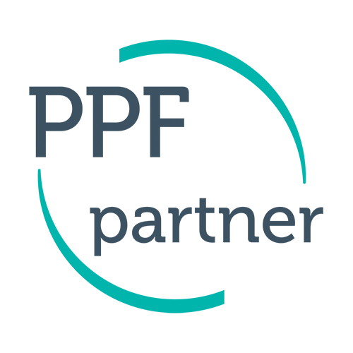 A stylized logo features a combination of teal and gray colors. The design includes interconnected shapes suggesting collaboration or connectivity, set against a simple, light background.