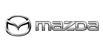 A silver Mazda logo features a stylized "M" within an oval. It is set against a black background, emphasizing branding within the automotive context. The word "mazda" is displayed in a modern font.