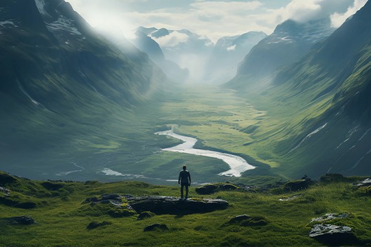 A person stands on a rock, gazing over a lush green valley with a winding river, surrounded by towering mountains and mist, under a partly cloudy sky.