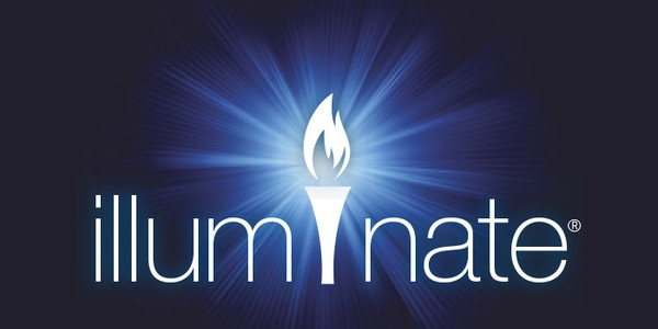 A stylized torch emits a bright flame at its top, radiating blue light. Below, the word "illuminate" is displayed in a modern font, set against a dark background.