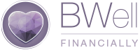A circular logo features a stylized heart made of geometric shapes in shades of purple. Below, the text reads “BWell FINANCIALLY,” indicating a focus on financial well-being.