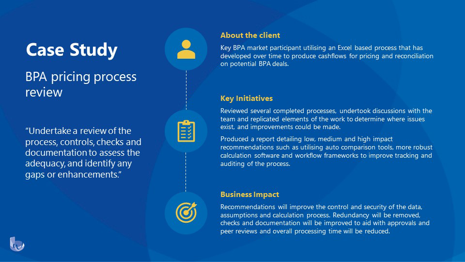 A case study document outlines a BPA pricing process review, detailing client assessment, initiatives for improvement, and anticipated business impacts focused on enhancing data management and auditing efficiency.
