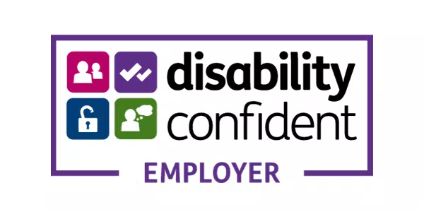 A logo features four colored squares, each with different symbols, and the text "disability confident" prominently displayed, indicating a commitment to inclusive employment practices. Below, the word "EMPLOYER" is featured.