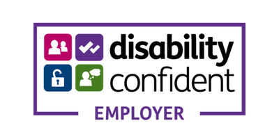 A logo features four colored squares, each with different symbols, and the text "disability confident" prominently displayed, indicating a commitment to inclusive employment practices. Below, the word "EMPLOYER" is featured.